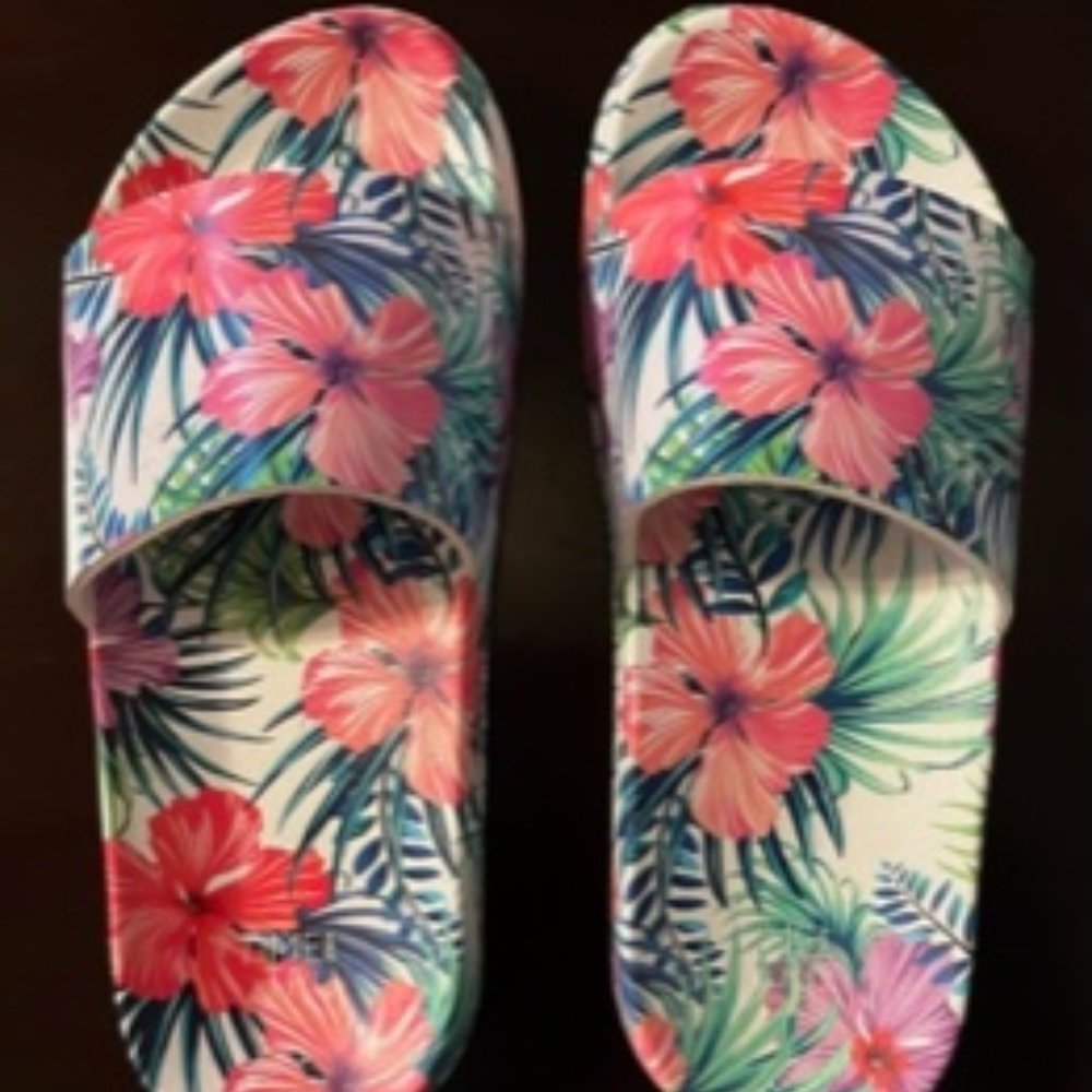 Time and Tru--Floral Flip Flops-background is white with pink and purple flowers